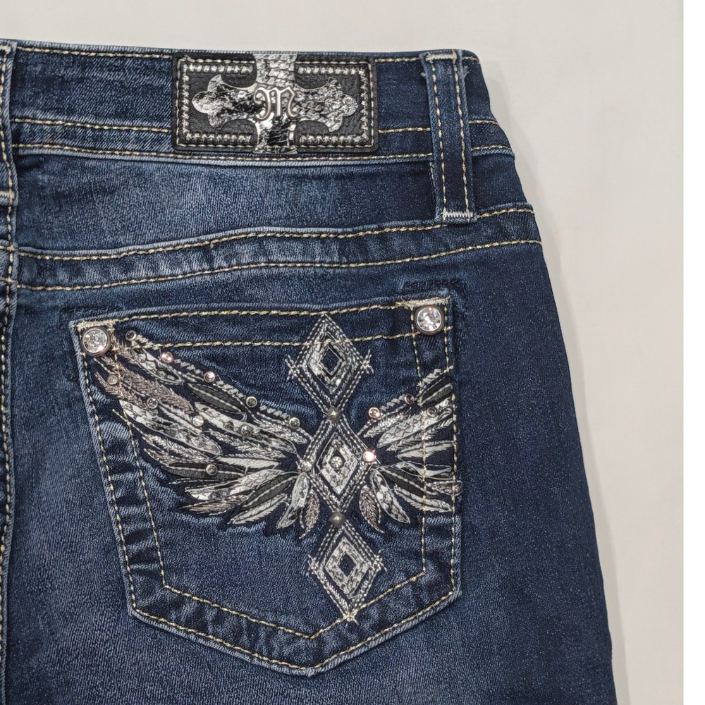 Miss Me Women's Dark Wash Bootcut Jeans Wing Rhinestone Sequin Size 30